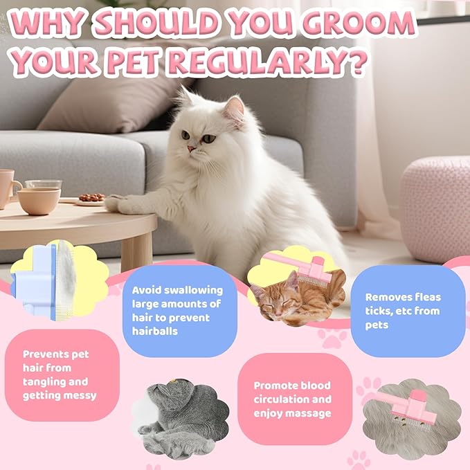 3 Pcs Pet Flea Comb Set, Self Cleaning Pet Comb with Stainless Steel Teeth, Flea Brush for Cat & Dogs with Scissors