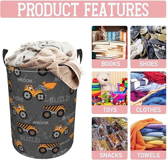 Cute Excavator Engineering Vehicle Laundry Hamper Bag With Waterproof Liner - Round Laundry Basket Foldable Clothes Storage Organizer For Bathroom Bedroom Nursery Dorm, S-16.5"X 13.8"