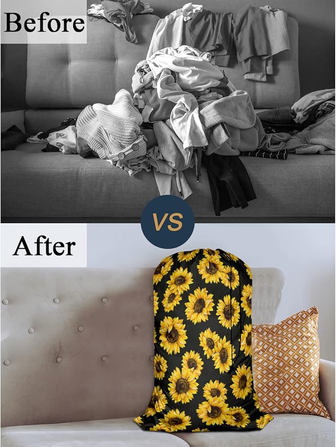 Swono Sunflowers Large Capacity Laundry Hamper Basket Classic Floral Leaf Romantic Bouquet Blossom Storage Baskets for Bedroom, Bathroom, Dorm, Washing Room, Machine Washable, Black Yellow