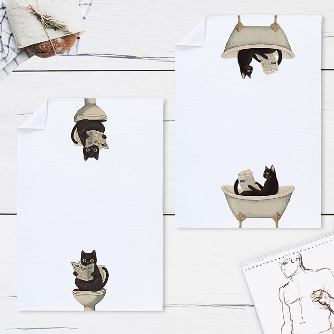 Cabana Bro Funny Black Cat Bathroom Hand Towels, Black Cat Gifts, Funny Kitty Read Newspaper Decorative Hand Towels for Kids Bath Room Washroom Spa Dorm, 16x24 Inch Set of 2