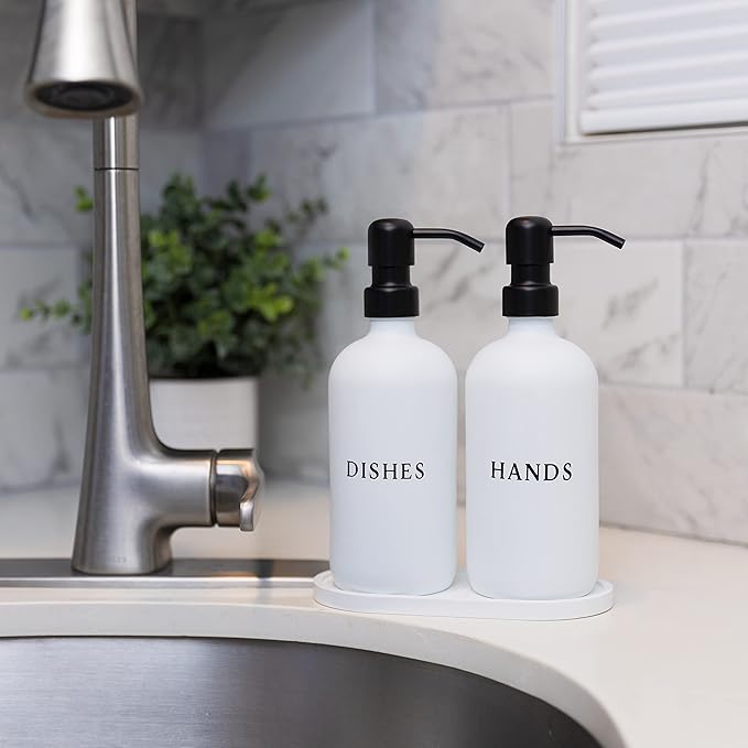 White Glass Hand and Dish Soap Dispenser Set - Modern Farmhouse Sink Accessories - 16 oz Kitchen Sink Set With Tray, Black Pumps & Funnel