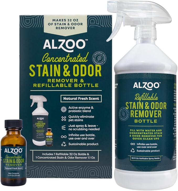 ALZOO Concentrated Stain & Odor Remover Bundle Bottle Set, Includes 32 Fl. Oz Refillable Bottle & 1.1 Oz. Concentrated Stain & Odor Remover, 100% Plant-Based Active Ingredients