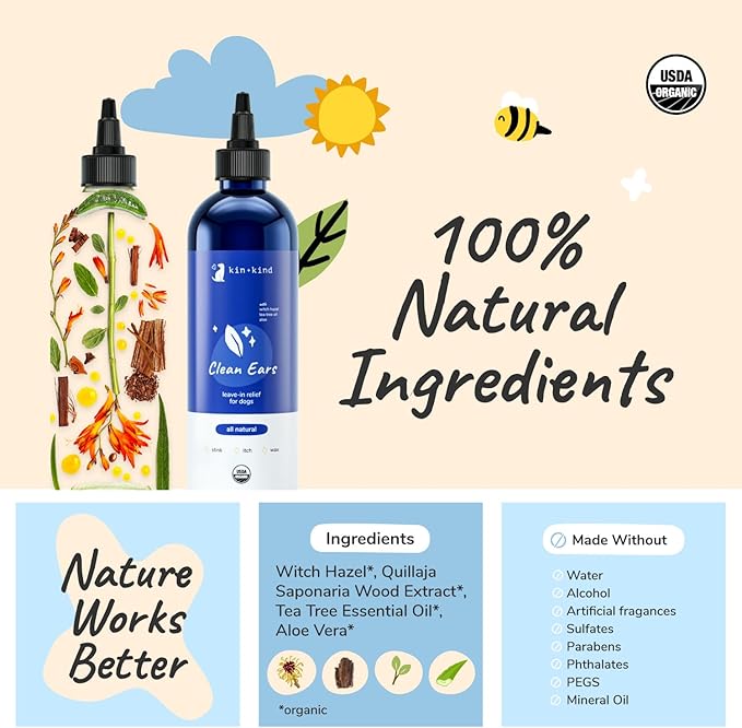 kin+kind Dog Ear Cleaner Solution – Organic Dog Ear Wash & Easy-to-Use Ear Drops for Dogs – Cleans Wax, Dirt & Odor – Gentle Ear Cleaning w/Witch Hazel, Aloe Vera & Tea Tree Oil – 12 fl oz