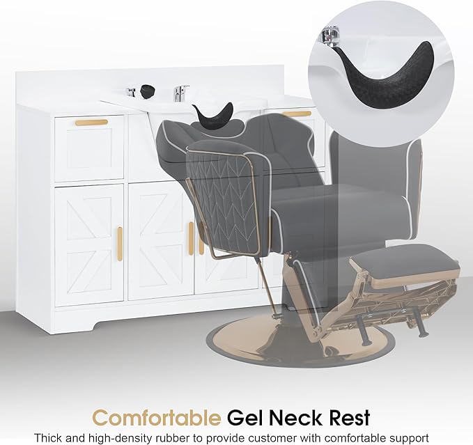 BarberPub Portable Shampoo Station, Shampoo Bowl with Cabinet & Drawer, Salon Geometric Finish Station with Sprayer Faucet, Barber Storage Equipment with Hair Wash Backwash Sink 3439 (All White)