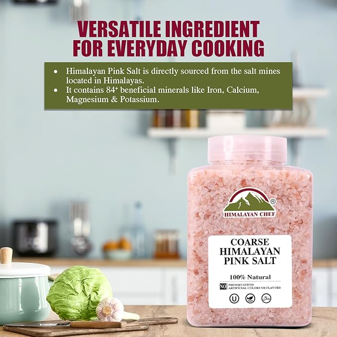 Himalayan Chef Pink Himalayan Salt Coarse Grain, 5 lbs Plastic Jar - Pure, Natural, Kosher, Mineral-Rich, Ideal for Grinder Refills, Cooking, Seasoning