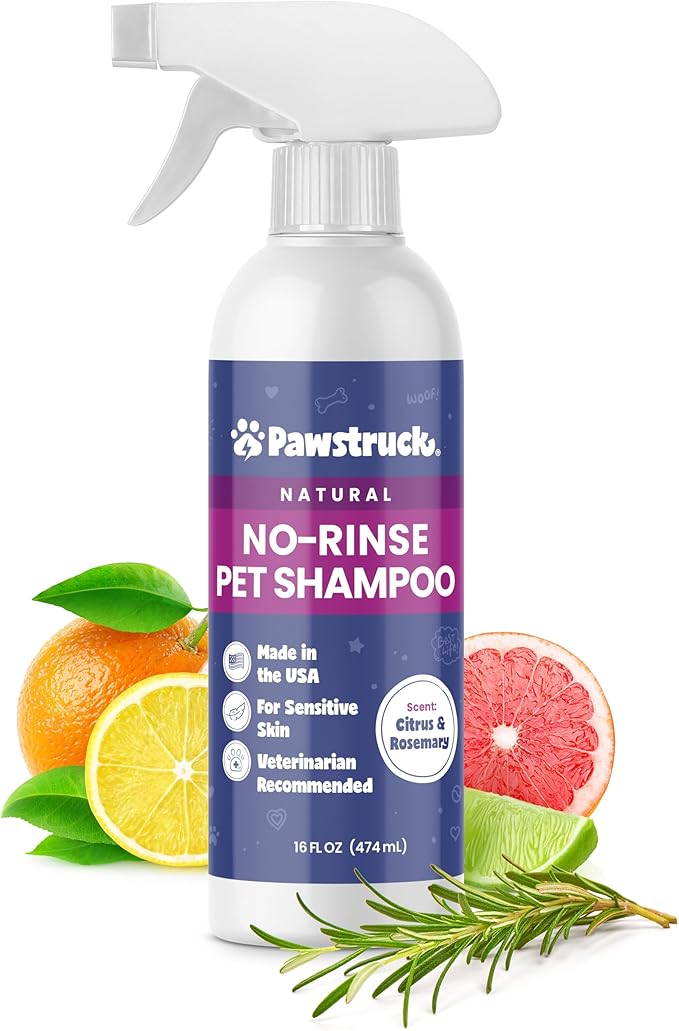 Pawstruck Natural No-Rinse Dry Shampoo for Dogs, Puppies, & Other Pets, Citrus & Rosemary - Waterless Deodorizing Spray Made in USA to Freshen & Remove Odors - 16 fl oz - Packaging May Vary