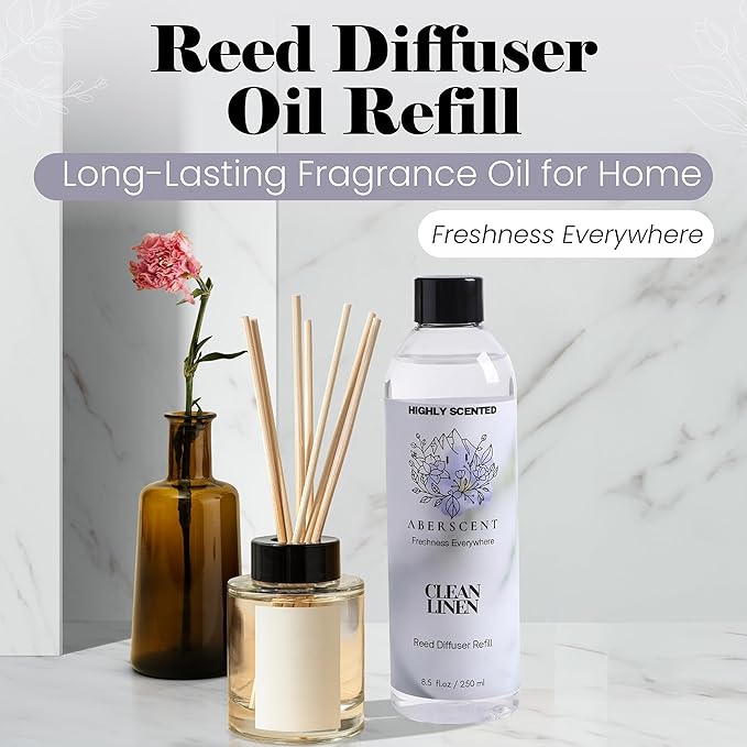 Clean Linen Aberscent Premium Reed Diffuser Oil Refill (8.5 Fl Oz/250ml) – Long-Lasting Fragrance Oil for Home, Office & Spa – Relaxing Scent, Luxury Hotel-Style Aroma