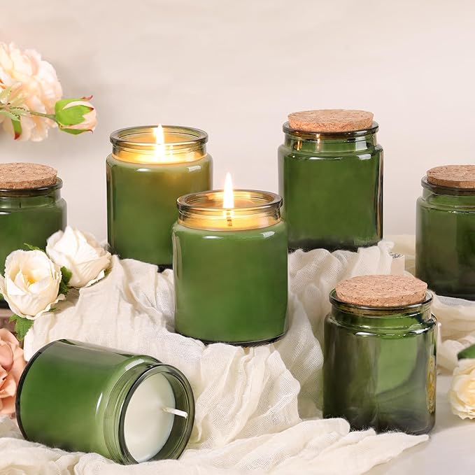 12Pcs Green Candle Jars for Making Candles, 7.5oz Glass Jars with Wooden Lids and Labels, Candle Containers for DIY, Gifts, Candles Making Supplies, Table Decor