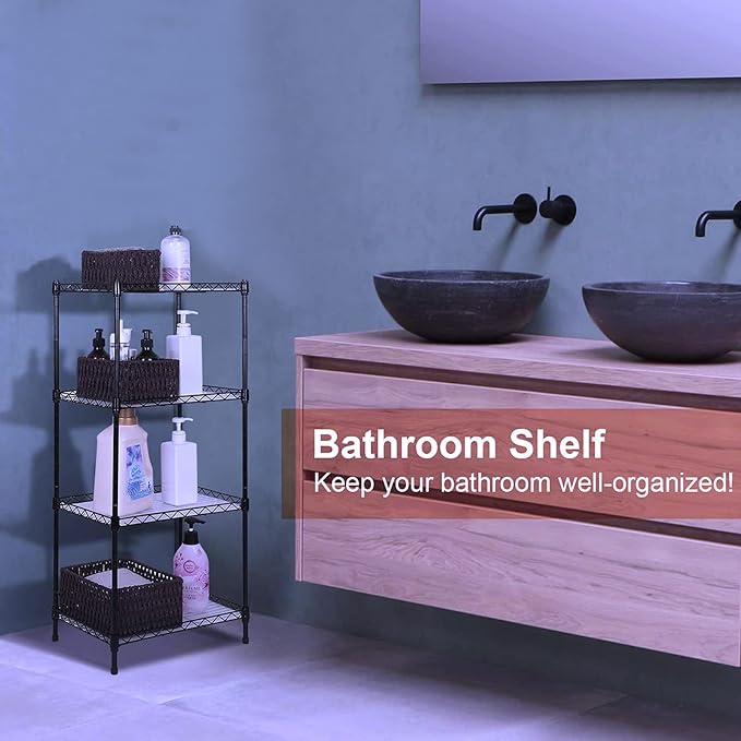 Best 4-Tier Wire Shelving - Black - Heavy Duty Shelf - Kitchen Storage Shelves, Wire Shelving Unit with Baskets Storage Rack Corner Shelf Shelving Adjustable Storage Shelf, 11.8" D x 15.7" W x 47" H