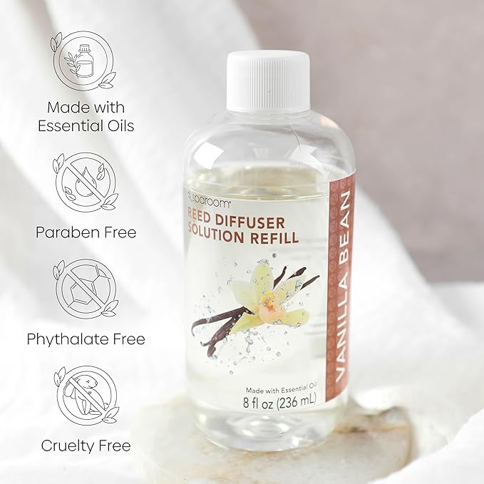 SpaRoom Reed Diffuser Oil Refill – Vanilla Bean Scent, 8oz Cozy Blend for Warmth and Comfort, Smooth and Sweet Aroma for Bedrooms, Lounges, or Relaxing Spaces, Long Lasting Ambient Scent