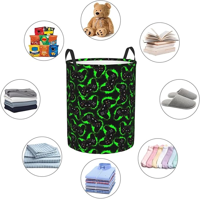 Game Joystick Laundry Hamper Bag With Waterproof Liner - Gamer Gamepad Round Laundry Basket Foldable Clothes Storage Organizer For Bathroom Bedroom Nursery Dorm, M-19.6"X 15.7"