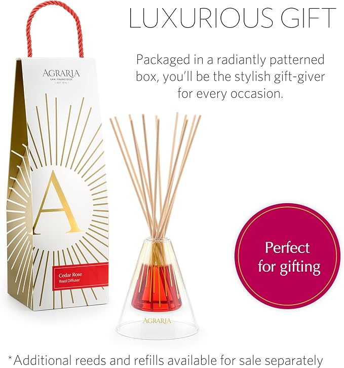 Agraria Cedar Rose Reed Diffuser Set, 12 Reeds Essential Oil Scent Diffusers for Home Fragrance, Luxury Glass Reed Diffuser Gift Set