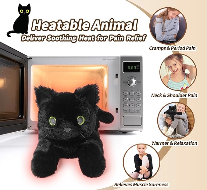 Black Cat Stuffed Animals, Microwavable Stuffed Animal Adorable Fluffy Cat Plush for Warmth & Comfort, Heatable Coolable Lavender Scent Cat Toy, Cute Soft Plushies Cat Gifts for Kids Boy Girls & Adult