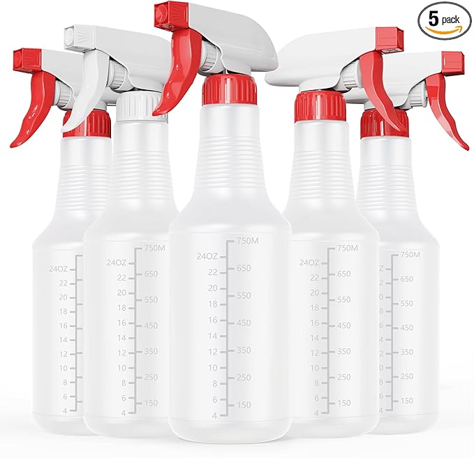 Veco Spray Bottle (5 Pack,32 Oz) with Measurements and Adjustable Nozzle(Mist & Stream Mode), HDPE Plastic Spray Bottles for Cleaning Solution, Household/Commercial/Industrial Use, No Leak and Clog