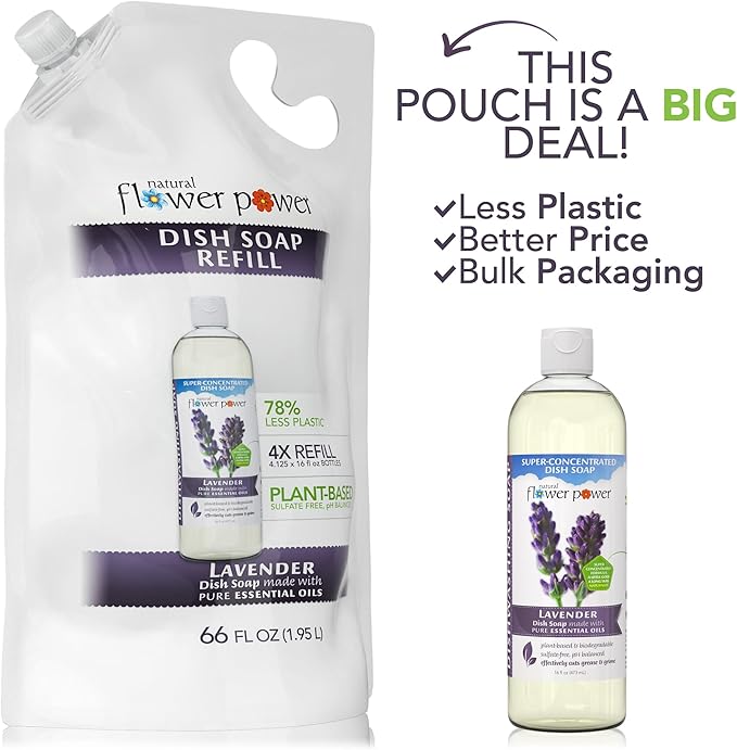 Natural Flower Power Liquid Dish Soap Refill – 66 Fl Oz Refills 4X – Plant-Based & Scented w/Pure Essential Oils – Natural Dishwashing Detergent – Sulfate-Free Kitchen Soap (Lavender)