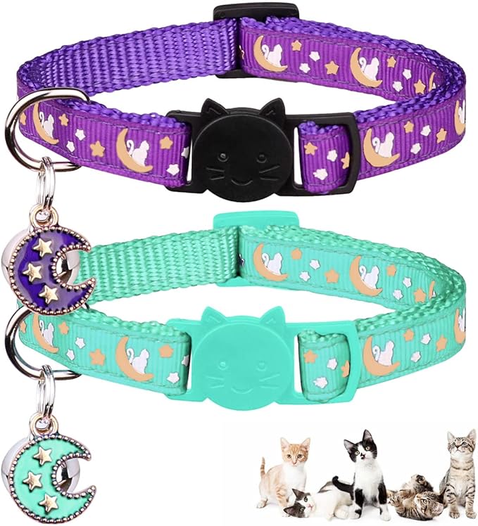 2Pcs Breakaway Cats Collars Cat Collars for Boy & Girl Cats Adjustable Kitten Collars with Bell,Purple+Teal,8"-13.1"