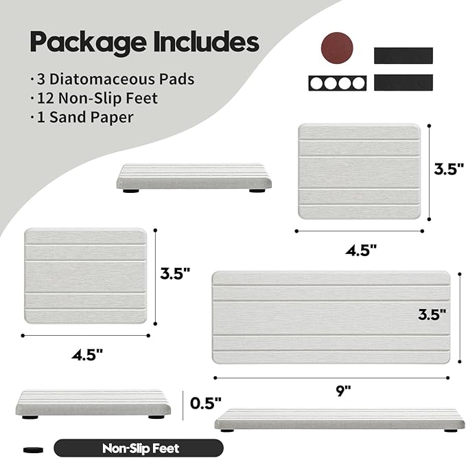 3 Pack Diatomite Stone Sink Tray, Water Absorbing Mat for Kitchen & Bathroom Counter, Quick Dry Soap Dish Makeup Vanity Caddy,Sponge Holder Organizer, Beige - 2pcs of 4.5"x 3.5" and 1pc of 9"x 3.5"