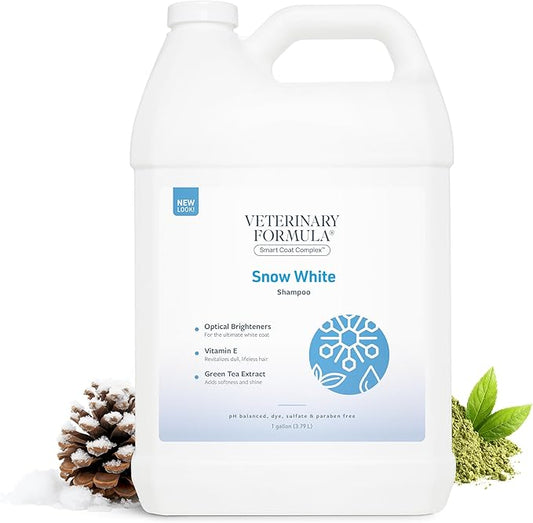 Veterinary Formula Smart Coat Complex Snow White Shampoo for Dogs and Cats, 128 Fl oz / 1 Gal – Gently Remove Stains & Yellowing Without Bleach/Peroxide – Cleans, Deodorizes & Brightens White Coats