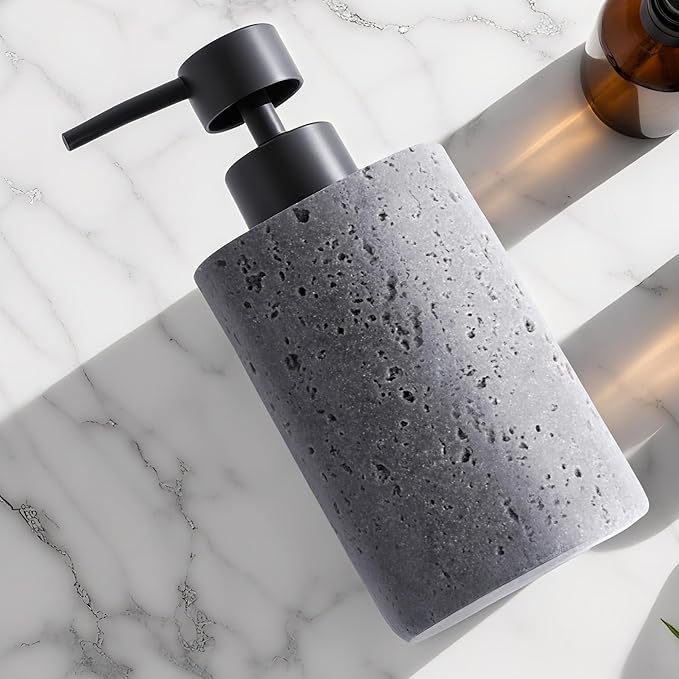 2 Pack Gray Resin Soap Dispensers, Refillable Liquid Lotion Dispenser Bottles with Travertine-Look for Bathroom and Kitchen Countertop, Modern Stone Texture (10.8 oz)