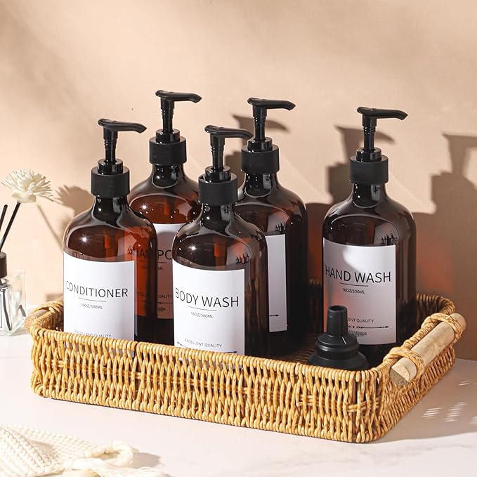 Stylish Shampoo Bottles Refillable with Pump,(5Pack) Amber Shampoo and Conditioner Dispenser,Shampoo Bottles with 8pcs Lables