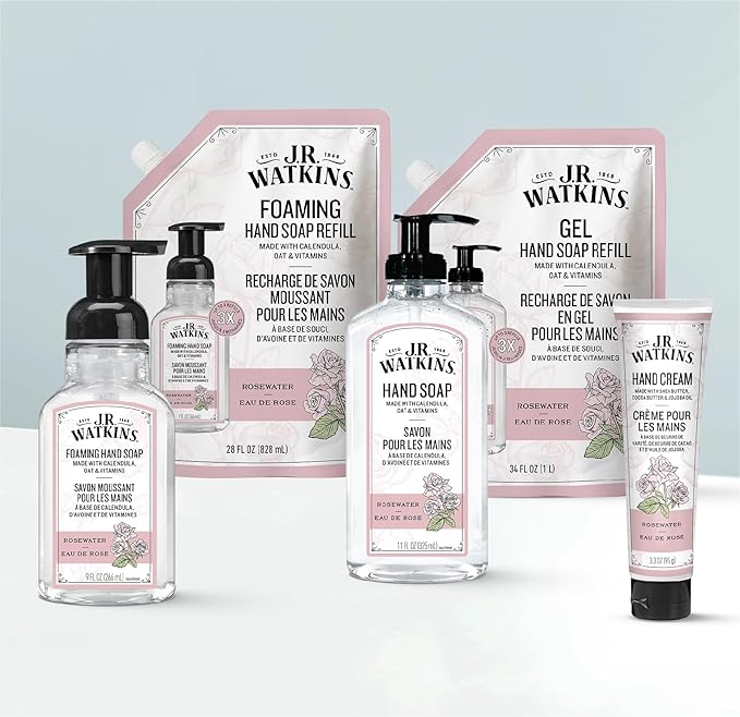 J.R. Watkins Foaming Hand Soap Refill, Moisturizing Foam Hand Wash, Formulated with Plant-Based Cleansers, Alcohol-Free, Cruelty-Free, Rosewater, 28 fl oz, 2 Pack