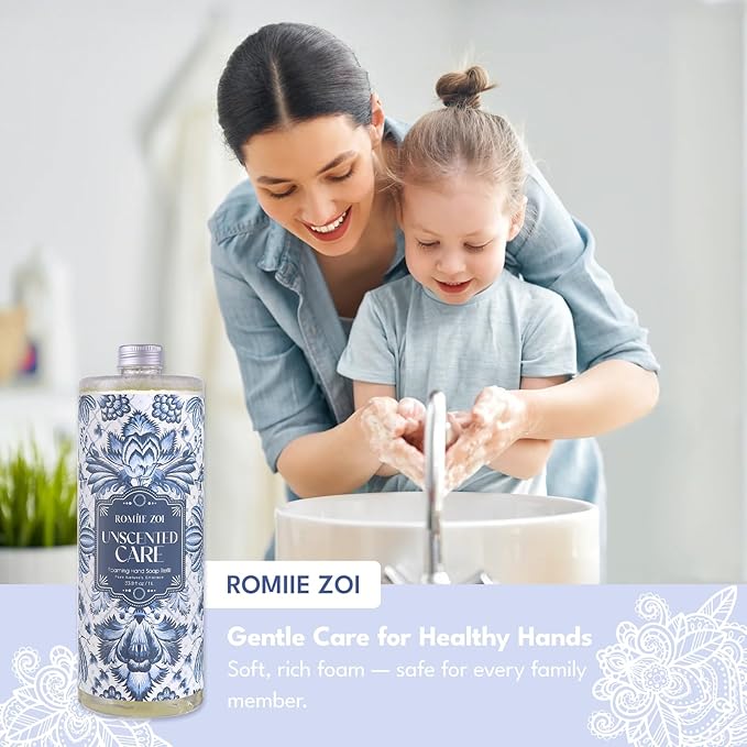 ROMIIE ZOI Foaming Hand Soap Refill Gift Set – Unscented – 3 Pack (1000ML Each) with Dispenser – Pure & Neutral, Gentle & Frangrance Free Formula – Bulk Refill Bottles for Bathroom & Kitchen Use