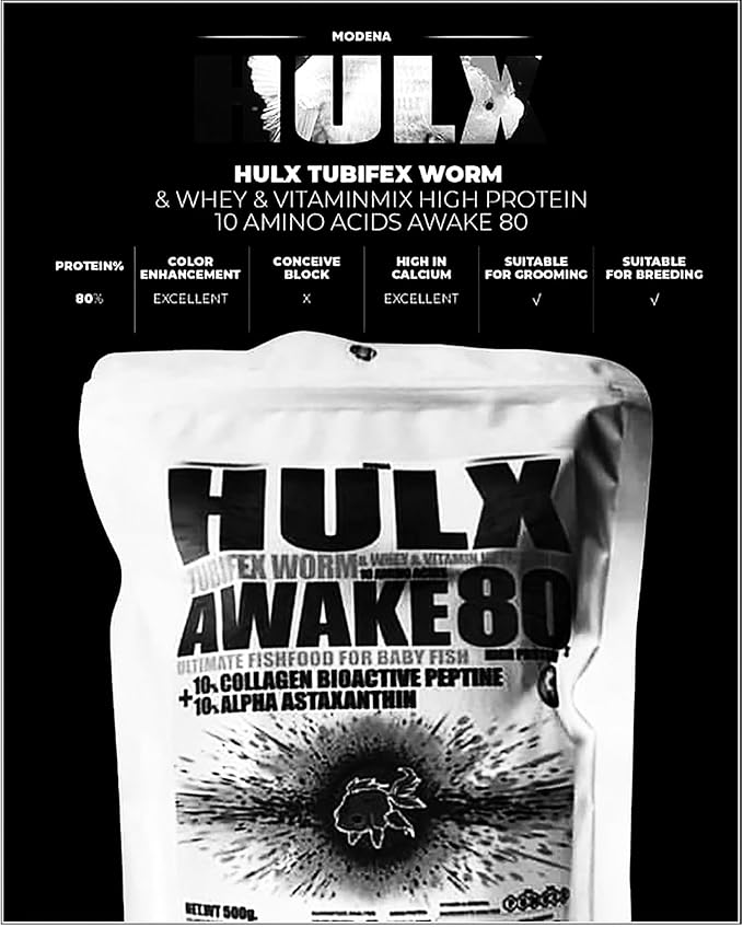 HULX Awake Goldfish Food Sinking for Big Muscle & Mass Weight Gain, Whey Mixed High Protein 60% Fish Food Growth Fast Formula 500 Gram, Healthy, Color Enhancing Clear Water Fish Feed