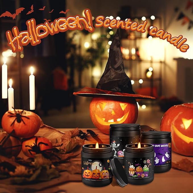 4 Pack Black Halloween Scented Candles -7oz Soy Wax Candles with Essential Oils (Rosemary, Vanilla, Gardenia, Lavender)