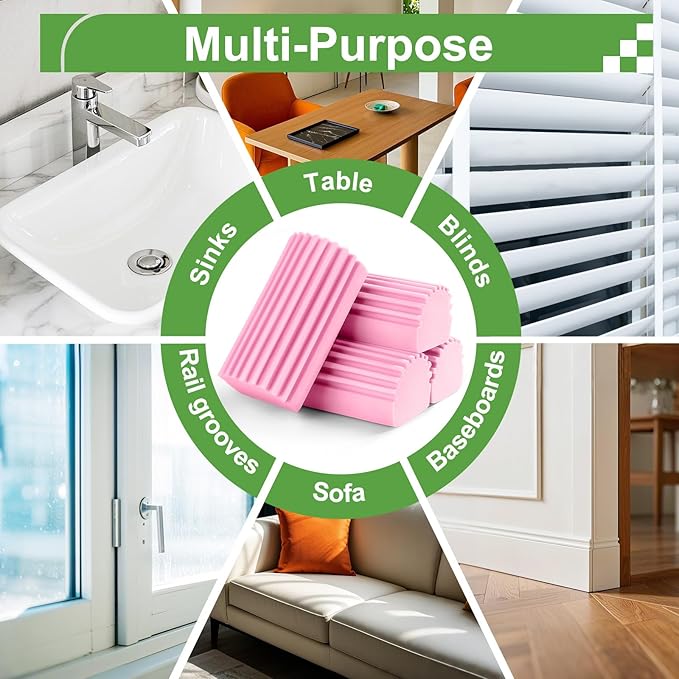4-Pack Damp Clean Duster Sponge, Sponge Cleaning Brush, Duster for Cleaning Blinds, Glass, Baseboards, Vents, Railings, Mirrors, Window Track Grooves and Faucets Pink Non-Scratch Sponges