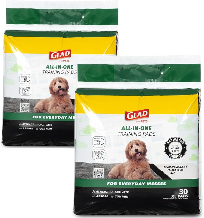 Glad for Pets JUMBO-SIZE Charcoal Puppy Pads, All-in-One | Black Training Pads That ABSORB & Neutralize Urine Instantly | New & Improved Quality Puppy Pee Pads, 30 Count - 2 Pack