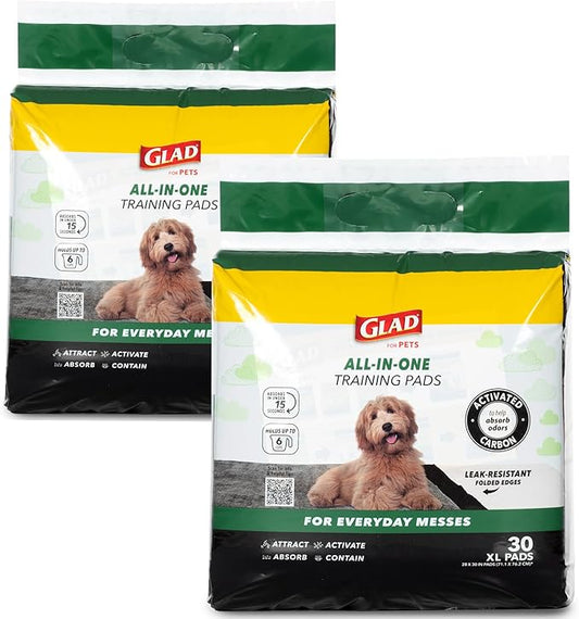 Glad for Pets JUMBO-SIZE Charcoal Puppy Pads, All-in-One | Black Training Pads That ABSORB & Neutralize Urine Instantly | New & Improved Quality Puppy Pee Pads, 30 Count - 2 Pack