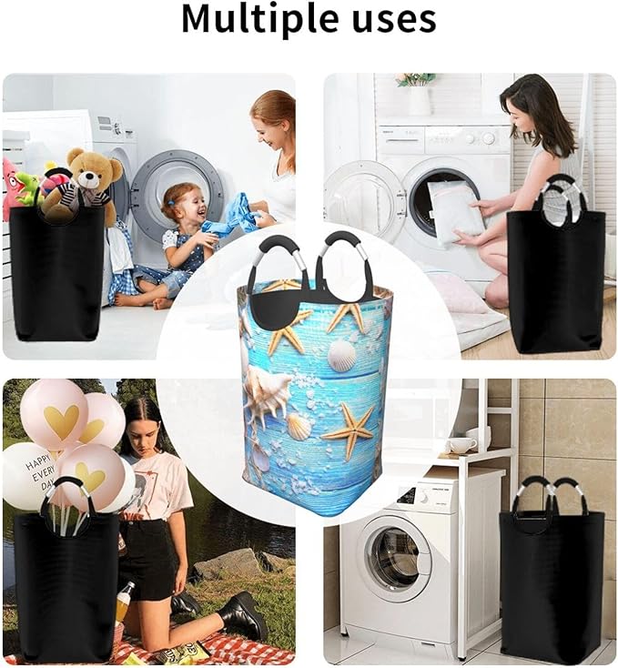 Beach Wooden Starfish Laundry Basket Seashell Laundry Hamper Blue Collapsible Laundry Baskets with Handle Laundry Bag Dirty Clothes Hamper for Dorm Family Bathroom Decor Storage 50L