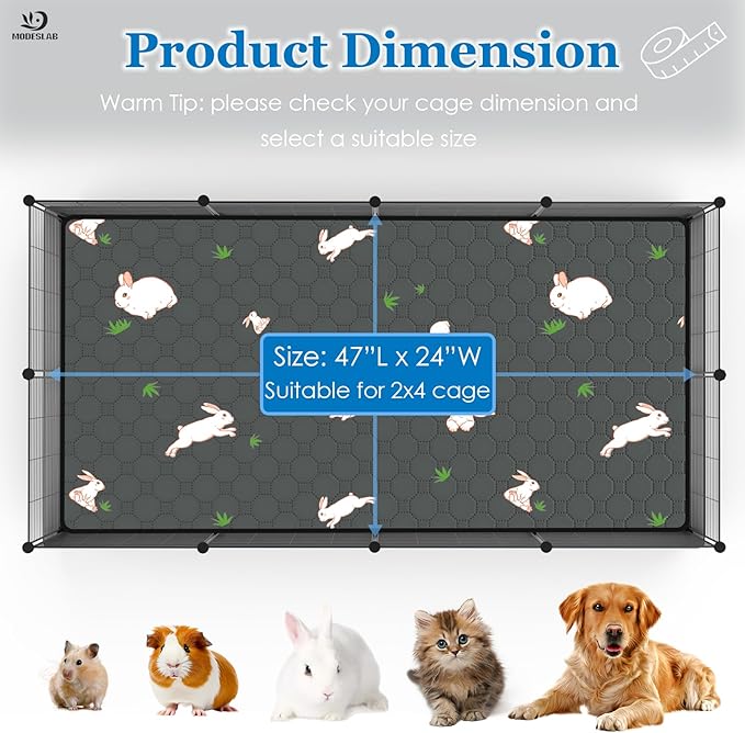 2-Pack Guinea Pig Cage Liner, 24" x 47" Reusable Guinea Pig Bedding Washable Absorbent Pee Pads for Dogs Rabbit Chinchilla Hamster, Leakproof & Anti Slip