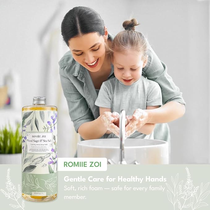 ROMIIE ZOI Foaming Hand Soap Refill Gift Set – Wood Sage & Sea Salt Scent – 3 Pack (1000ML Each) with Dispenser, Gentle & Moisturizing Plant-Based Formula – Bulk Refill Bottles for Bathroom & Kitchen
