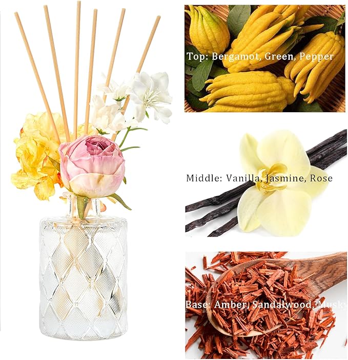 Chloefu Lan Amber Reéd diffuser, 6.7 oz Natural Essential Scented Oil, Pink Yellow and White Flowers Reéd Diffuser Sticks, Bathroom, Home & Office Decor, Preppy Room Decor, Amber Diffuser Oil Gift Set
