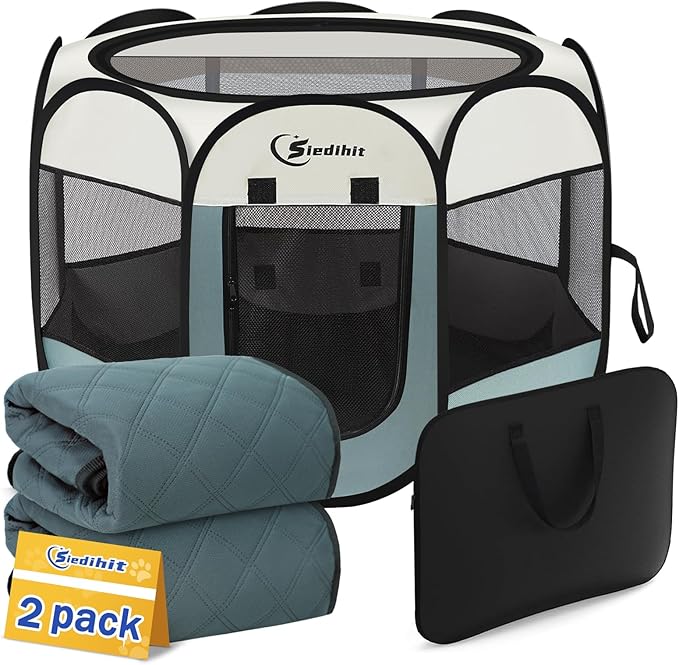 Dog Playpen with 2 Washable Pee Pad, Puppy Pet Cat Playpen Small AnimalsTent Crate Indoor/Outdoor, Portable Pop Up Kennel with Carrying Case(Grey with 2 Pads, Small (29" x 29" x 17"))