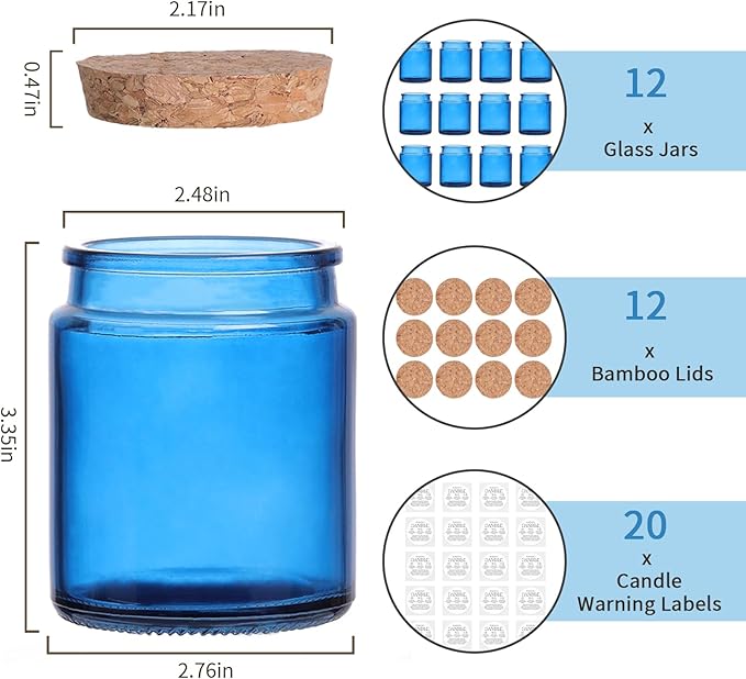 12Pcs Blue Candle Jars for Making Candles, 7.5oz Glass Jars with Wooden Lids and Labels, Candle Containers for DIY, Gifts, Candle Making Supplies, Table Decor