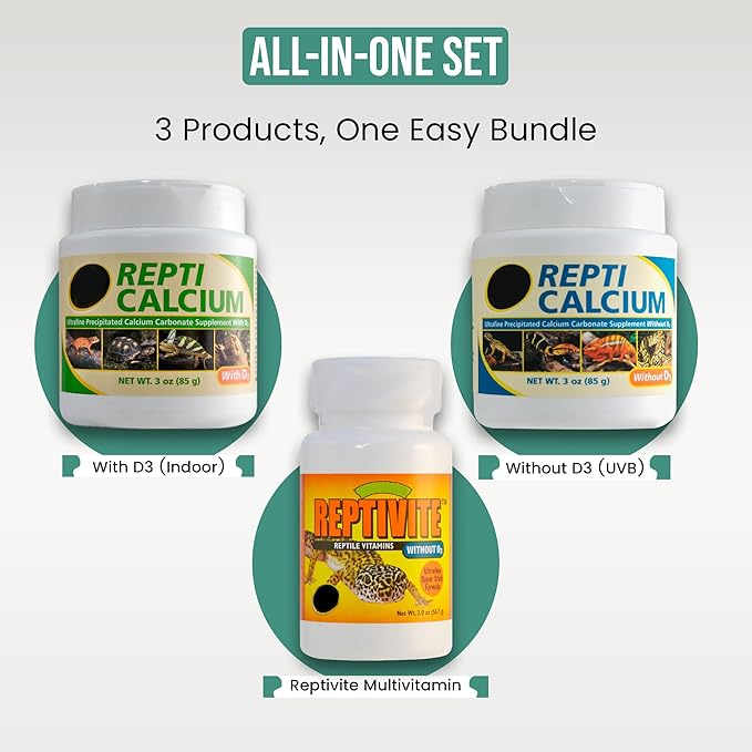 Repti Calcium with D3 (3 oz), Repti Calcium Without D3 (3 oz), and Reptivite Without D3 (2 oz) for Reptiles, Includes Trinity Treats Microfiber Cleaning Cloth