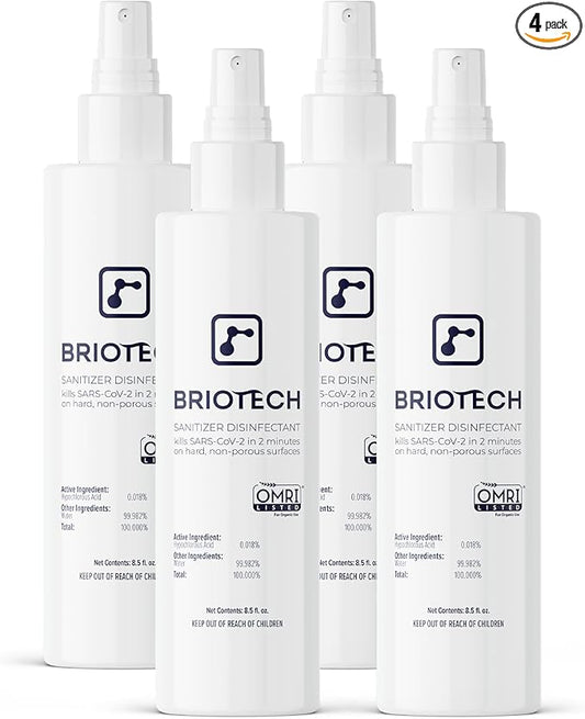 BRIOTECH Sanitizer Disinfectant Hypochlorous Spray, Kill 99.99% of Viruses & Bacteria, Control Mold, Eliminate Odor, Gentle for Nursery & Play Rooms, Food Contact Surface Sanitizer, 8 fl oz (4 Pack)