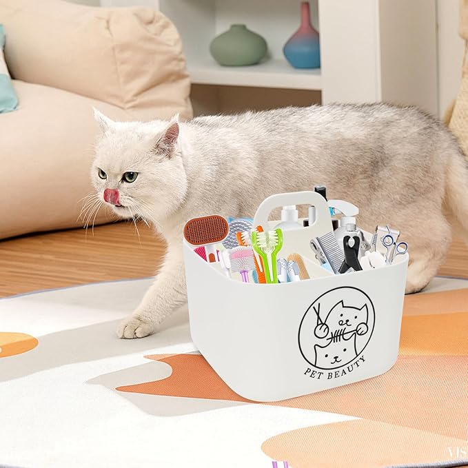 Dog Storage Organizer for Grooming Supplies,4-Compartment Caddy for Dog Cat Grooming Kit,Pet Stuff Storage,Ieal for Shampoo,Trimmer,Clipper,Combo,Brush-Modern Minimalist White