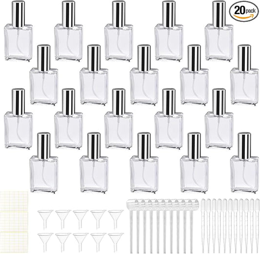 20 Pcs 15ml Clear Glass Fine Mist Atomizer Spray Bottles with 10 Funnels 10 Droppers 10 Dispensers Empty Glass Perfume Atomizer Refillable Mini Perfume Bottle for Fragrance Essential Oils
