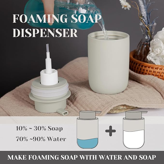 INGOFIN Ceramic Foaming Soap Dispenser Set, 2 Pack (12 oz) Bathroom Foam Hand Soap Dispenser with Pump, Hand and Dish Dispenser Set with 8 Pcs Clear Stickers,for Kitchen- Grey