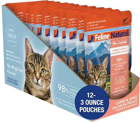 Feline Natural Wet Cat Food Pouch - Lamb & Salmon Feast, Grass-Fed & Wild-Caught, Grain-Free New Zealand Pate, 3oz Single Serve, Pack of 12