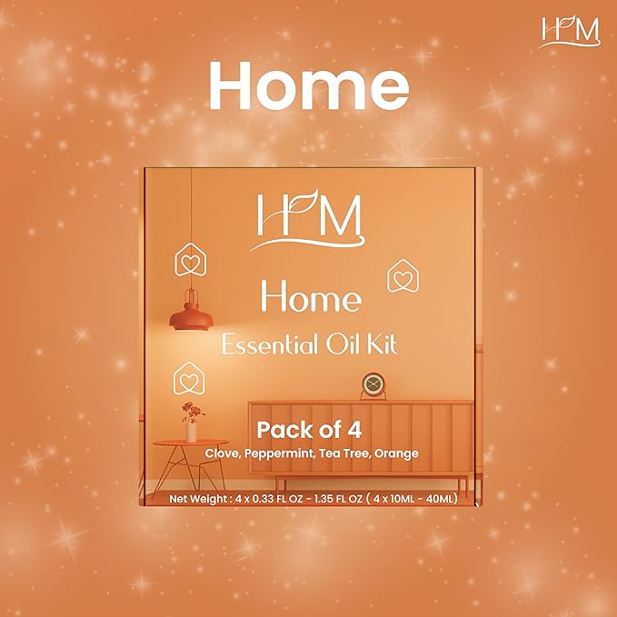 HM Home Essential Oil Kit – 4 Pack (Clove, Peppermint, Tea Tree, Orange) | Aromatic Blends for Relaxation, Refreshing Home Scents, and Natural Wellness – 1.35 FL OZ Each