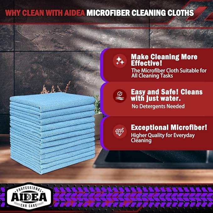 AIDEA Microfiber Cleaning Cloth Blue 10PK, Microfiber Towels for Cars, Premium Car Cloths, Dusting Cloth Lint Free Cleaning Rags for SUVs, House, Kitchen, Window, Workshops,12×12"