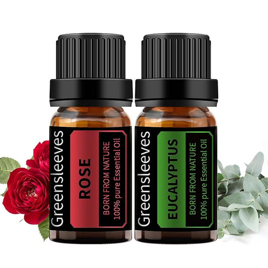 GREENSLEEVES Rose Eucalyptus Essential Oil Set, 2 x 10ml Pure Plant-Based Fragrance Oil for Aromatherapy, Essential Oils for Diffuser, Massage, Bath Bomb, Scented Candle Soap Making