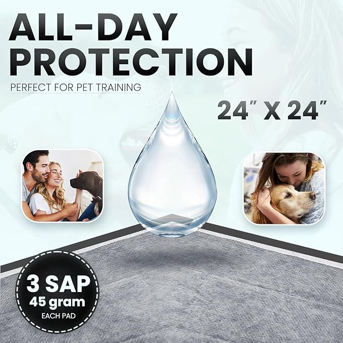 Healqu Puppy Pads - 24x24 50 Count Dog Training Pad Black Charcoal, Activated Carbon & Advanced Leakproof Technology - Ultra Absorbent, Puppy Pee Pads - Dogs, Puppies, & Cats, Pet Training Pads