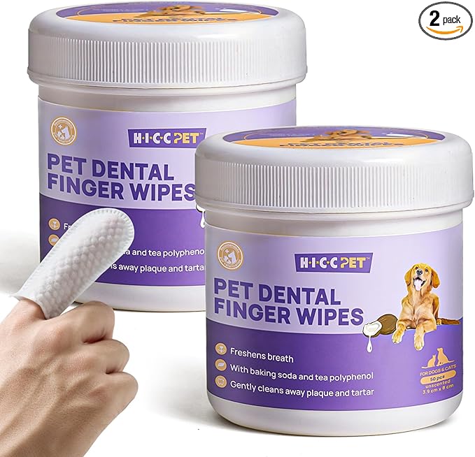 HICC Pet Teeth Cleaning Wipes for Dogs & Cats, Remove Bad Breath by Removing Plaque and Tartar Buildup No-Rinse Dog Finger Toothbrush, Disposable Gentle Cleaning & Gum Care Pet Wipes, 100 Counts