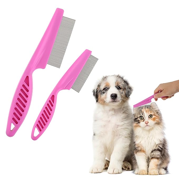 TIESOME Pet Hair Comb Tear Stain Removal,2 Pack Multifunctional Pets Grooming Comb Kit 2 in 1 Dog Combs Stainless Grooming Massage Dual-Sided Comb for Knots Crust Floating Hair Tangle Fleas(Pink)