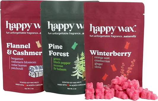 Happy Wax Winter Outdoors Mix Scented Natural, Non Toxic Soy Wax Melts; 6 Total Oz. of Holiday Scented Wax Melts, Collection Includes Flannel & Cashmere, Pine Forest and Winterberry